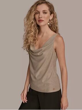 Donna Karan Twisted Shoulder Metallic Cowl Neck Tank Champagne M NWT